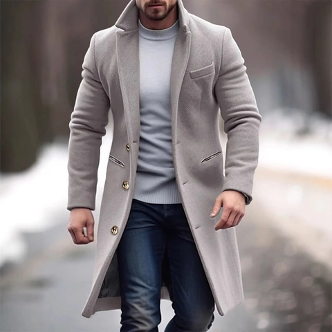 Abrigo de Lana para Hombre Estilo Británico Largo Medio Cálido Botonadura Sencilla Gabardina con Botones de Metal Ropa Casual de Negocios