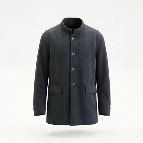Men Business Casual Polyester Corduroy Blazer Jacket Stand Collar Single Breasted Slim Fit Vintage Office Sport Coat