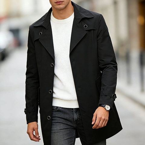 Men Classic Single Breasted Trench Coat Mid-Length Lapel Casual Solid Color Windbreaker Jacket For Work Office Outwear