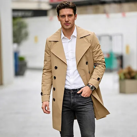 Heren Klassieke Double-breasted Trenchcoat Polyester Middellang Casual Urban Fashion Windjack Met Reverskraag