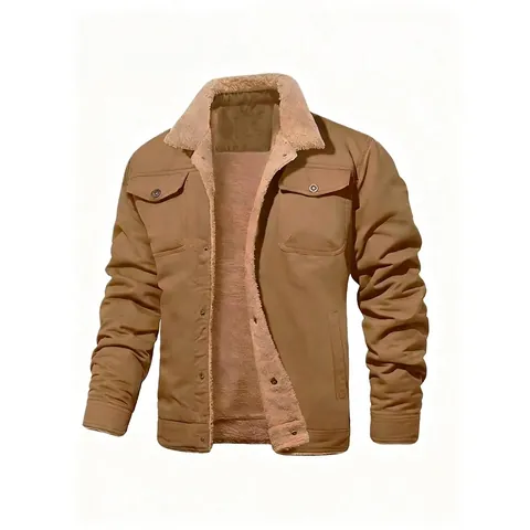 Men's Winter Sherpa Lined Work Jacket Cotton Canvas Warm Fleece Outerwear Multi-Pocket Button Down Casual Coat