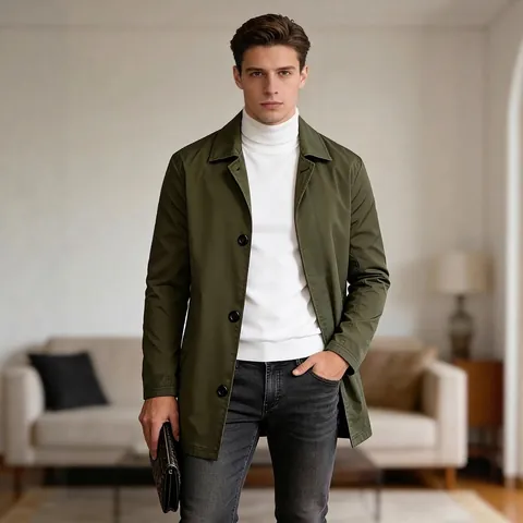 Men's Casual Mid-Length Trench Coat Polyester Single-Breasted Lapel Windbreaker Jacket For Commuting Daily Business Fashion Outerwear