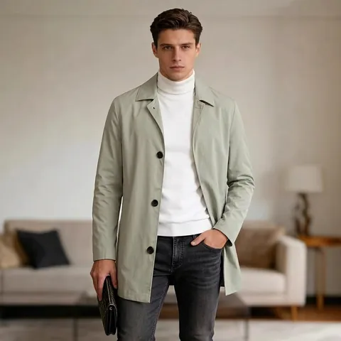 Men's Casual Mid-Length Trench Coat Polyester Single-Breasted Lapel Windbreaker Jacket For Commuting Daily Business Fashion Outerwear