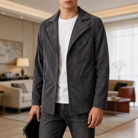 Men Business Casual Corduroy Blazer Slim Fit Single Breasted Notch Lapel Polyester Outerwear Coat Jacket