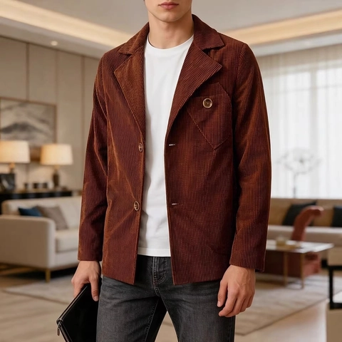 Men Business Casual Corduroy Blazer Slim Fit Single Breasted Notch Lapel Polyester Outerwear Coat Jacket