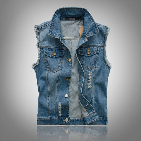 Men Slim Fit Light Blue Denim Vest Distressed Washed Cotton Sleeveless Jacket Fashion Streetwear Casual Waistcoat For Men