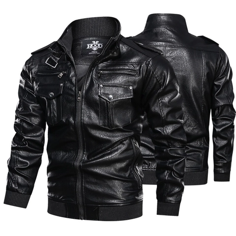 Chaqueta de Cuero PU Vintage para Hombre Estilo Motero Retro Cuello Alto Múltiples Bolsillos Cortavientos Bomber