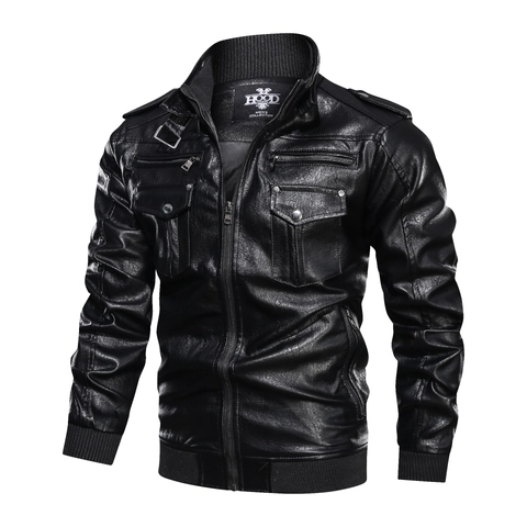 Chaqueta de Cuero PU Vintage para Hombre Estilo Motero Retro Cuello Alto Múltiples Bolsillos Cortavientos Bomber