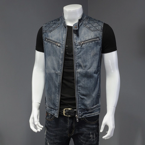 Chaleco de Denim Retro para Hombre Cuello Alto Cremallera Hombro Acolchado Azul Lavado Chaqueta sin Mangas Casual Motero