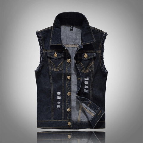 Men's Slim Fit Distressed Denim Vest Casual Sleeveless Ripped Jean Jacket Waistcoat Motorcycle Streetwear Cotton Outerwear