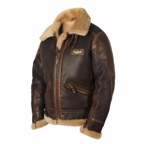 Herren Vintage B3 Pilotenjacke Distressed PU-Leder Dicke Lammfell-Imitat Gefütterte Warme Wintermantel Militär Stil