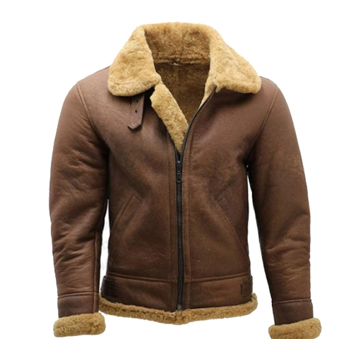 Herren B3 Bomberjacke Aus Kunstleder Mit Lammfell-Vliesfutter Brauner Wintermantel Retro Dicke Warme Reißverschlussjacke