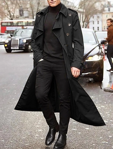 Trench-coat Long à Double Boutonnage pour Hommes Mode Coupe Ajustée Style Britannique Coupe-vent Veste Hiver Shacket Avec Ceinture
