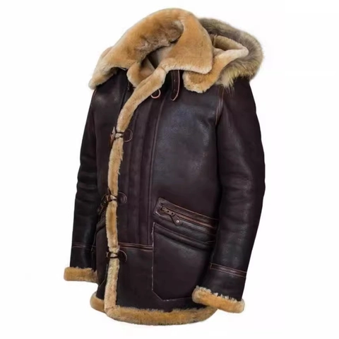 Heren Capuchon Kunstleer Lamswol Jas Vintage Vliegstijl B3 Verdikt Fleece Gevoerd Mantel Met Houtje-touwtje Sluiting Warm Winter Outerwear