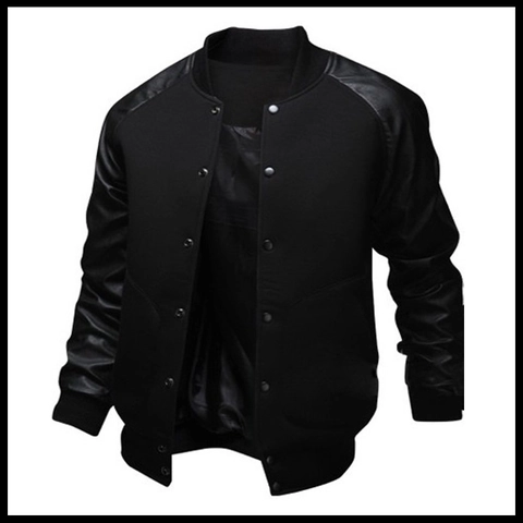Men's Varsity Jacket Casual Slim Fit Color Block Baseball Coat Stand Collar PU Leather Spliced Sleeve Button Ribbed Outerwear