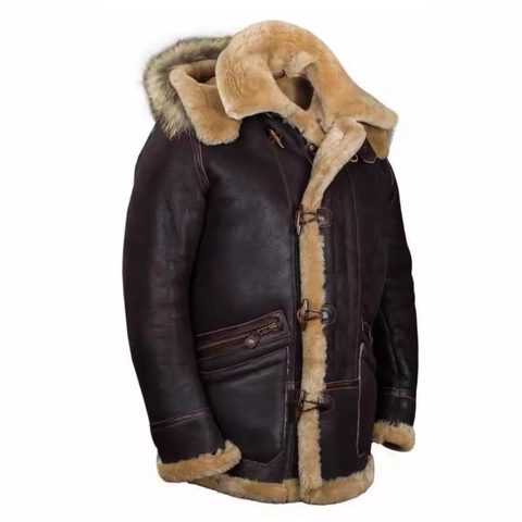 Heren Capuchon Kunstleer Lamswol Jas Vintage Vliegstijl B3 Verdikt Fleece Gevoerd Mantel Met Houtje-touwtje Sluiting Warm Winter Outerwear