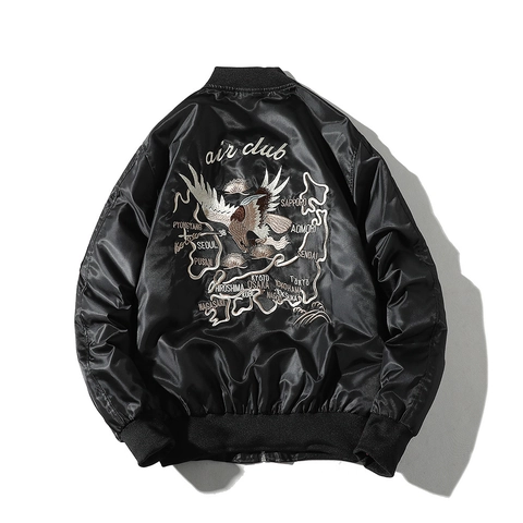 Herren Satin Bomberjacke Bestickt Adler Karte Sukajan Fliegerjacke MA1 Hip Hop Streetwear Oberbekleidung Für Frühling Herbst