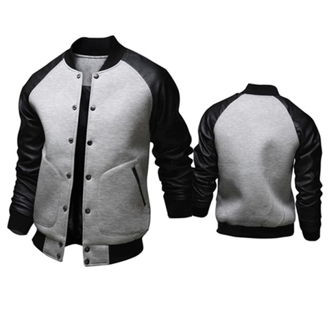 Herren Casual Britischer Stil Collegejacke Baumwollmischung Mit Kontrast PU-Leder Ärmeln Druckknopf Baseballjacke