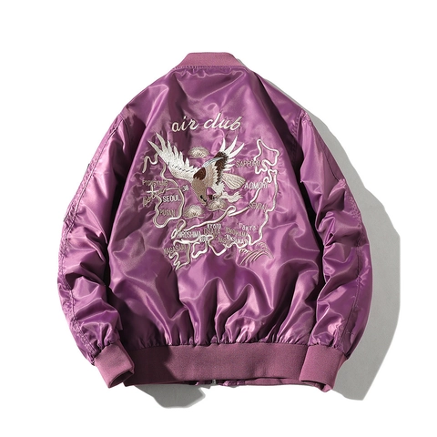 Herren Satin Bomberjacke Bestickt Adler Karte Sukajan Fliegerjacke MA1 Hip Hop Streetwear Oberbekleidung Für Frühling Herbst