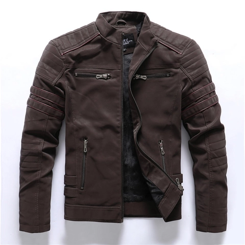 Men Biker PU Leather Jacket Stand Collar Retro Slim Fit Winter Warm Fleece Lining Moto Outerwear Coat For Men Solid Color