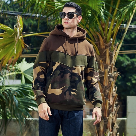 Mens Color Block Hooded Hoodie Polyester Cotton Blend V Shaped Stitching Camouflage Pullover Sweatshirt For Casual Streetwear