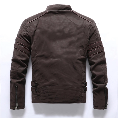 Men Biker PU Leather Jacket Stand Collar Retro Slim Fit Winter Warm Fleece Lining Moto Outerwear Coat For Men Solid Color