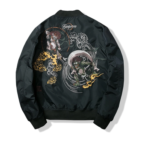 Men Sukajan Japanese Style MA-1 Bomber Jacket Heavy Embroidery Fujin Raijin Windproof Flight Jacket For Casual Outdoor Streetwear