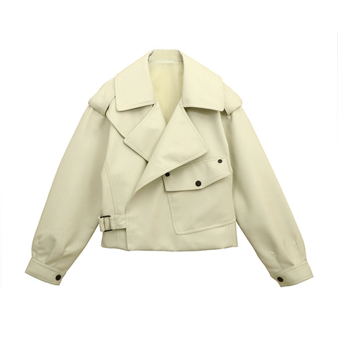 Giacca da Moto Oversize in Ecopelle da Donna Colletto a Bavero Manica Lunga Cappotto Corto Con Cintura Stile Streetwear