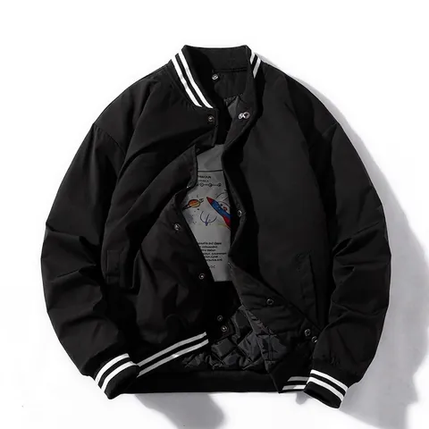 Men's Varsity Jacket 100% Polyester NASA Space Print Striped Ribbed Trim Casual Streetwear Quilted Lining Bomber Jacket With Hood