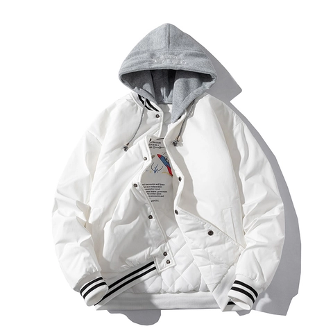 Men's Varsity Jacket 100% Polyester NASA Space Print Striped Ribbed Trim Casual Streetwear Quilted Lining Bomber Jacket With Hood