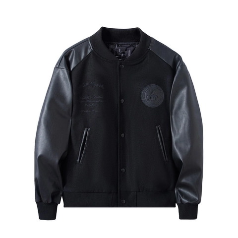 Veste Varsity Vintage Américain pour Hommes Patchwork en Cuir PU Tissu de Laine Broderie Veste de Baseball Casual Manteau