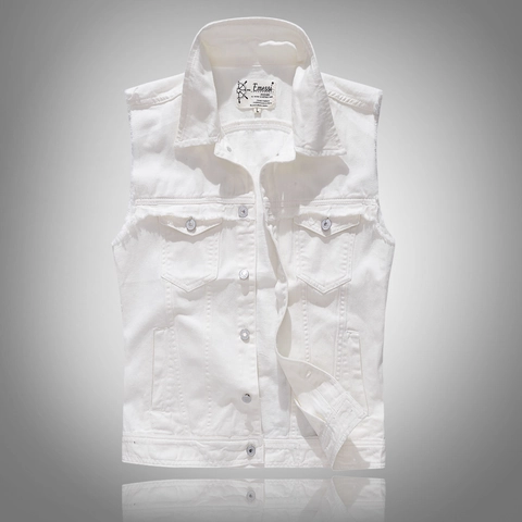 Heren Slim Fit Witte Denim Vest Gerafelde Rand Katoen Jeans Vest Casual Koreaanse Stijl Mouwloos Jasje Voor Dagelijks Gebruik