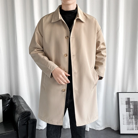 Men Mid-Length Trench Coat Polyester Lapel Single Breasted Windbreaker Casual Fashion Solid Color Overcoat For Spring Autumn