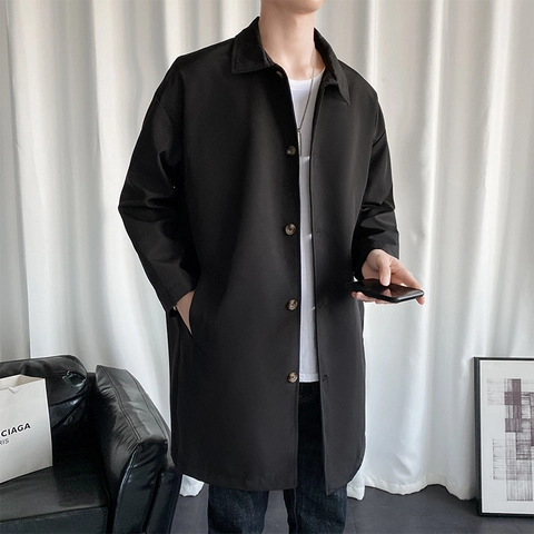 Men Mid-Length Trench Coat Polyester Lapel Single Breasted Windbreaker Casual Fashion Solid Color Overcoat For Spring Autumn