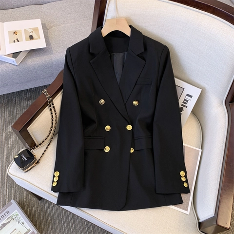 Polyester Dames Slim Fit Blazerjas Reverskraag Double Breasted Gouden Knopen Lange Mouwen Kantoor Business Outwear