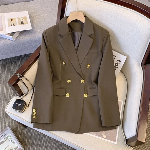 Polyester Dames Slim Fit Blazerjas Reverskraag Double Breasted Gouden Knopen Lange Mouwen Kantoor Business Outwear