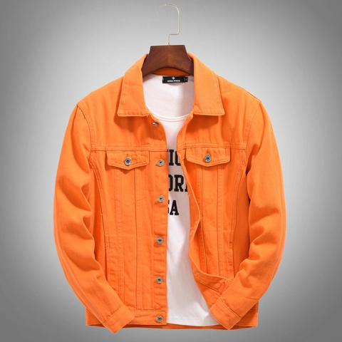 Veste en Jean Orange Décontractée pour Hommes Mélange de Coton Boutonnée Revers Coupe Large Printemps Automne Homme