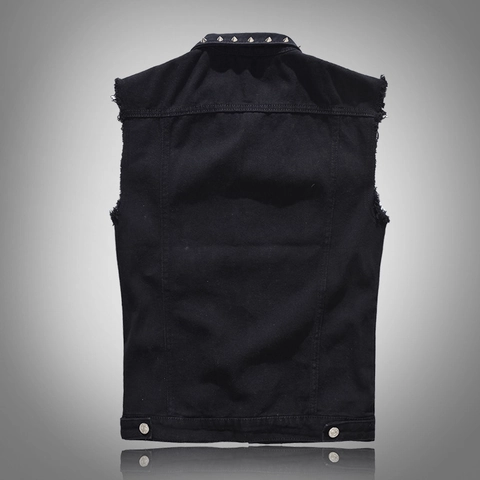 Punk Rock Studded Men Black Denim Vest Sleeveless Jacket With Rivets Cotton Blend Slim Fit Biker Gilet For Casual Streetwear