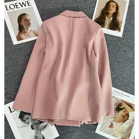 Elegante Chaqueta Blazer Rosa Para Mujer Doble Botonadura Solapa Color Sólido Manga Larga Casual Oficina Estilo Cercanías