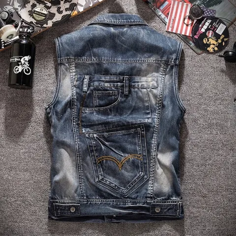 Gilet di Denim Lavato Retrò da Uomo Multi Tasca Distressed Giacca di Jeans Senza Maniche Gilet da Lavoro per Streetwear