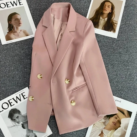Elegante Chaqueta Blazer Rosa Para Mujer Doble Botonadura Solapa Color Sólido Manga Larga Casual Oficina Estilo Cercanías
