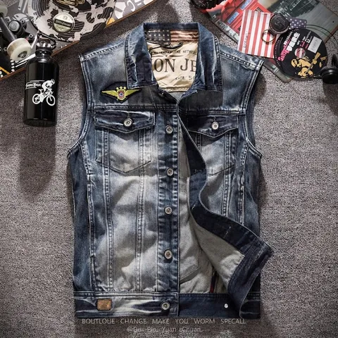 Gilet di Denim Lavato Retrò da Uomo Multi Tasca Distressed Giacca di Jeans Senza Maniche Gilet da Lavoro per Streetwear