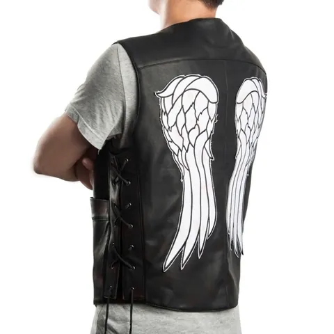 Gilet de Moto en Cuir pour Hommes Faux Cuir Motif Ailes d'Ange Dos Laçage Latéral Style Punk Rock Biker Gilet Homme
