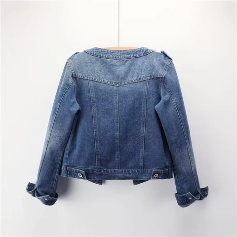 Giacca di Jeans Casual senza Colletto da Donna Lavata Distressed a Manica Lunga con Bottoni Tasche Capispalla
