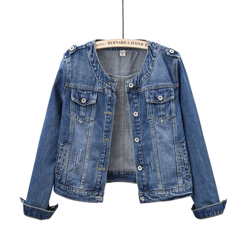 Women Short Denim Jacket Round Neck Washed Blue Slim Fit Long Sleeve Jean Coat Plus Size Casual Outerwear For Daily Wear