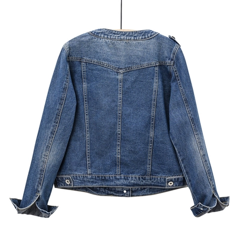 Women Short Denim Jacket Round Neck Washed Blue Slim Fit Long Sleeve Jean Coat Plus Size Casual Outerwear For Daily Wear