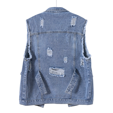 Women Vintage Light Wash Distressed Denim Vest Rhinestone Ripped Sleeveless Jacket Streetwear Casual Jean Waistcoat Top