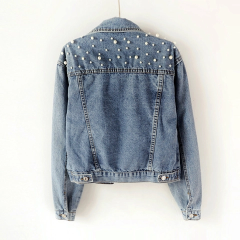Women Artificial Pearl Beaded Denim Jacket Rhinestone Embellished Washed Jeans Coat Loose Long Sleeve Outerwear Sleeveless Vest Fashion