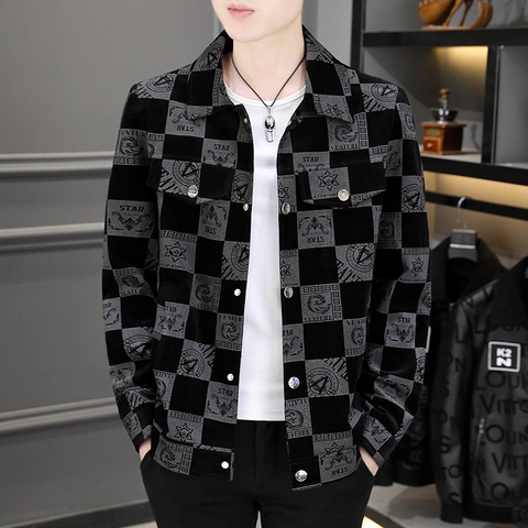 Giacca da Uomo in Cotone a Scacchi Con Stampa di Lettere e Stelle Risvolto Monopetto Streetwear Abbigliamento Moda Casuale