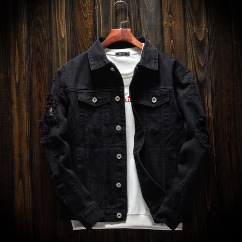 Men Distressed Black Denim Jacket Plus Size Casual Streetwear Cotton Long Sleeve Outerwear With Holes Single Breasted Coat